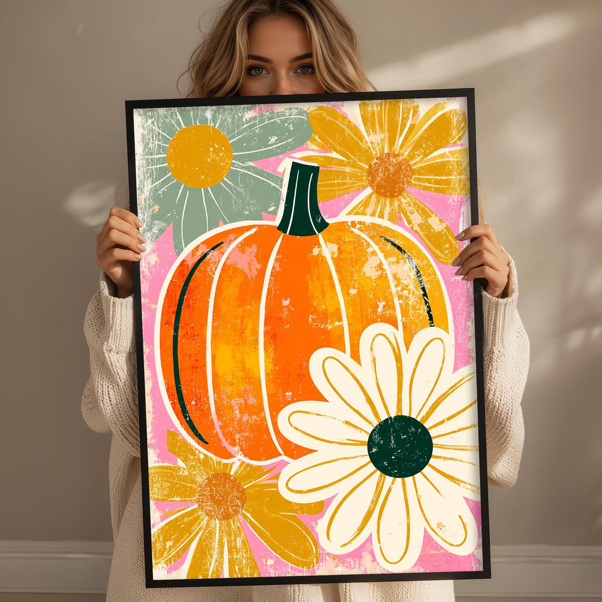 A woman is holding up a framed print with a vibrant illustration of a pumpkin, flowers, and a daisy.