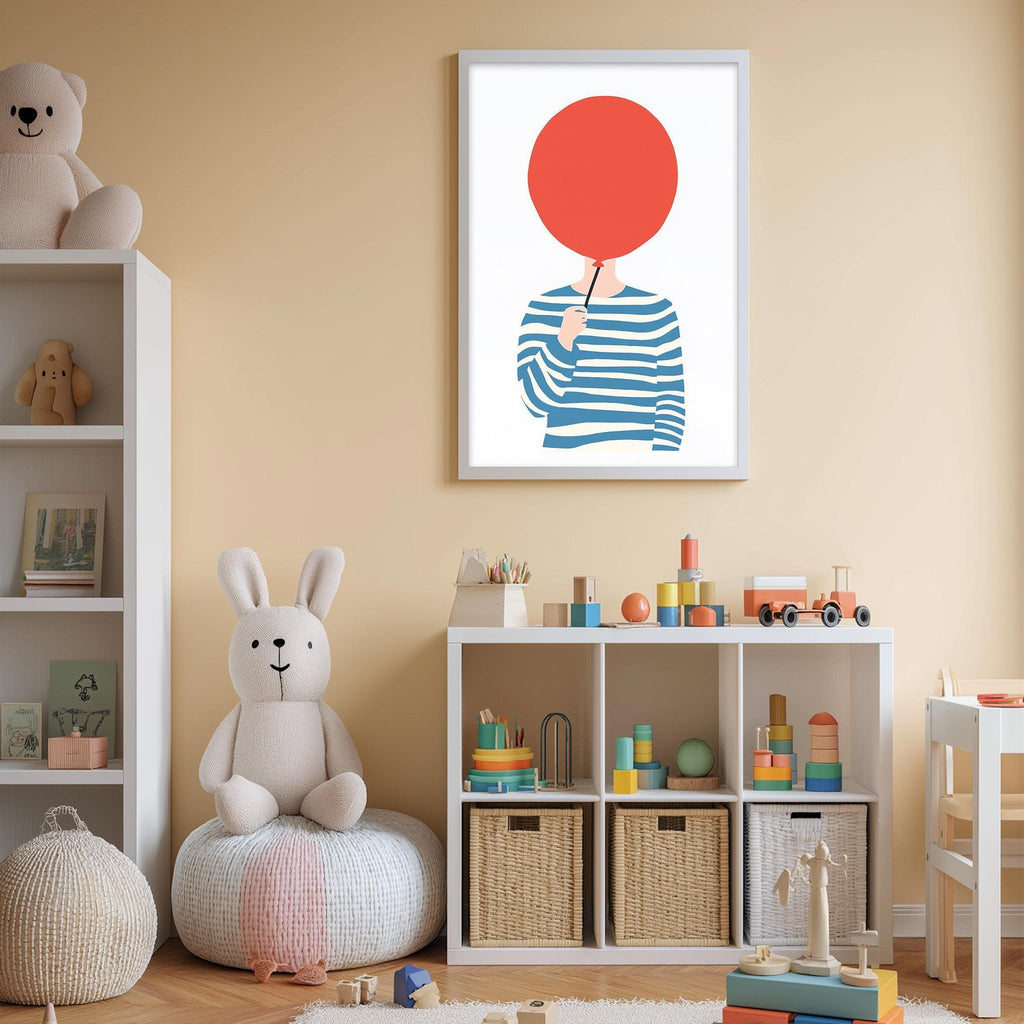 A child's bedroom with a white bookshelf, a stuffed rabbit, a toy train, and a framed illustration of a person holding a red balloon.