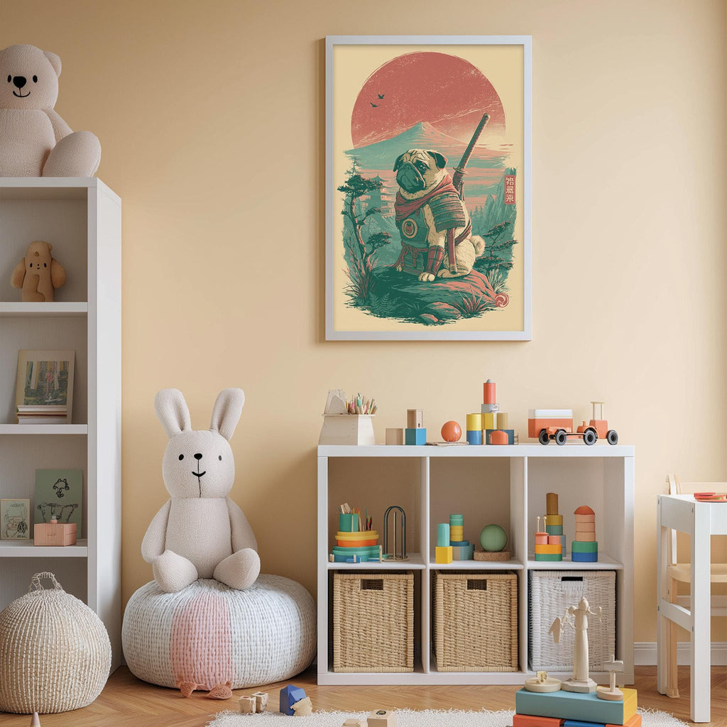 A child's bedroom with a stuffed rabbit, a bookshelf, and a toy chest filled with toys. There is also a framed artwork of a dog on the wall.
