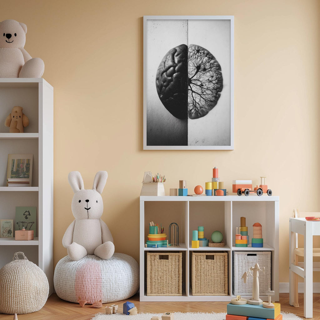 a child's bedroom with a stuffed rabbit sitting on a bean bag chair, surrounded by a bookshelf, a toy chest, and a framed image of a brain.