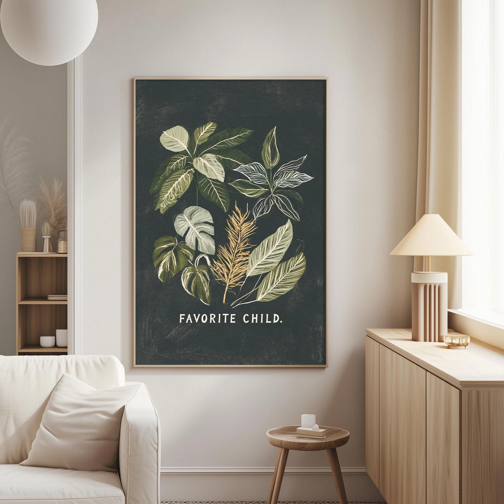 a living room with a large framed poster of a plant on the wall, a white sofa, a wooden side table, and a lamp.
