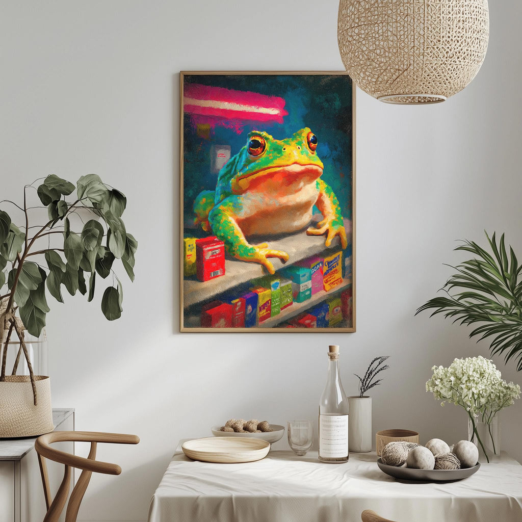 a vibrant painting of a frog sitting on a shelf, surrounded by various objects such as a bottle, a bowl, and a vase.