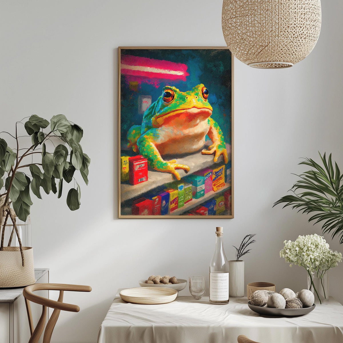a vibrant painting of a frog sitting on a shelf, surrounded by various objects such as a bottle, a bowl, and a vase.