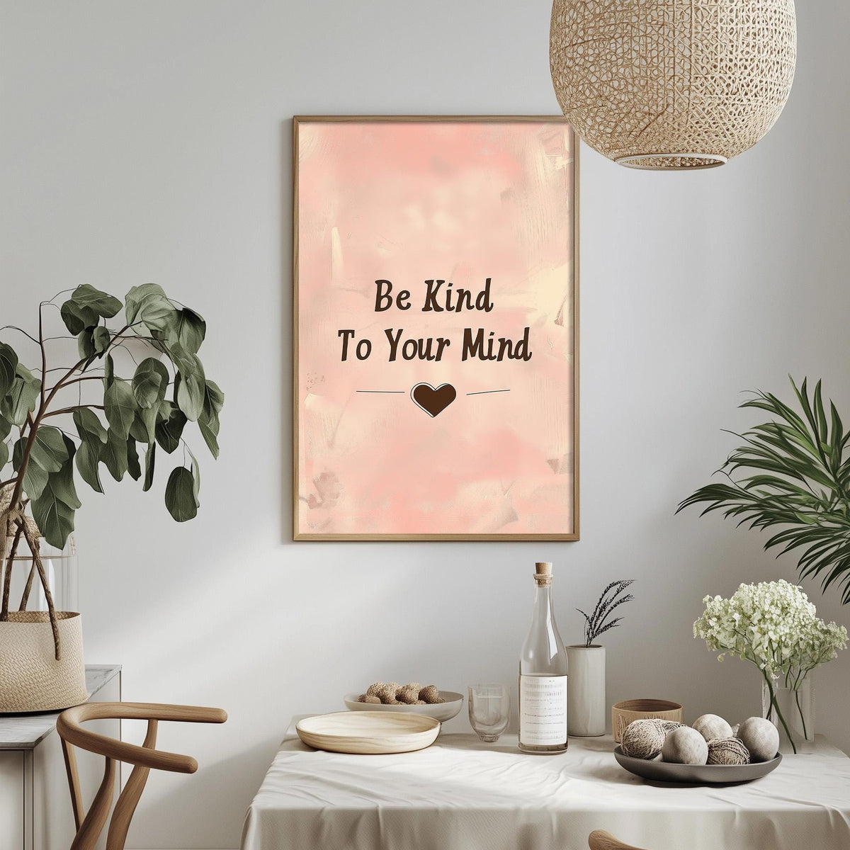 a framed poster with the text "Be Kind To Your Mind" hanging on a wall above a dining table with a white tablecloth. The table is set with various items, including a bottle, a bowl, and a vase with flowers. There are also potted plants and a woven light fixture in the room, creating a cozy and inviting atmosphere.