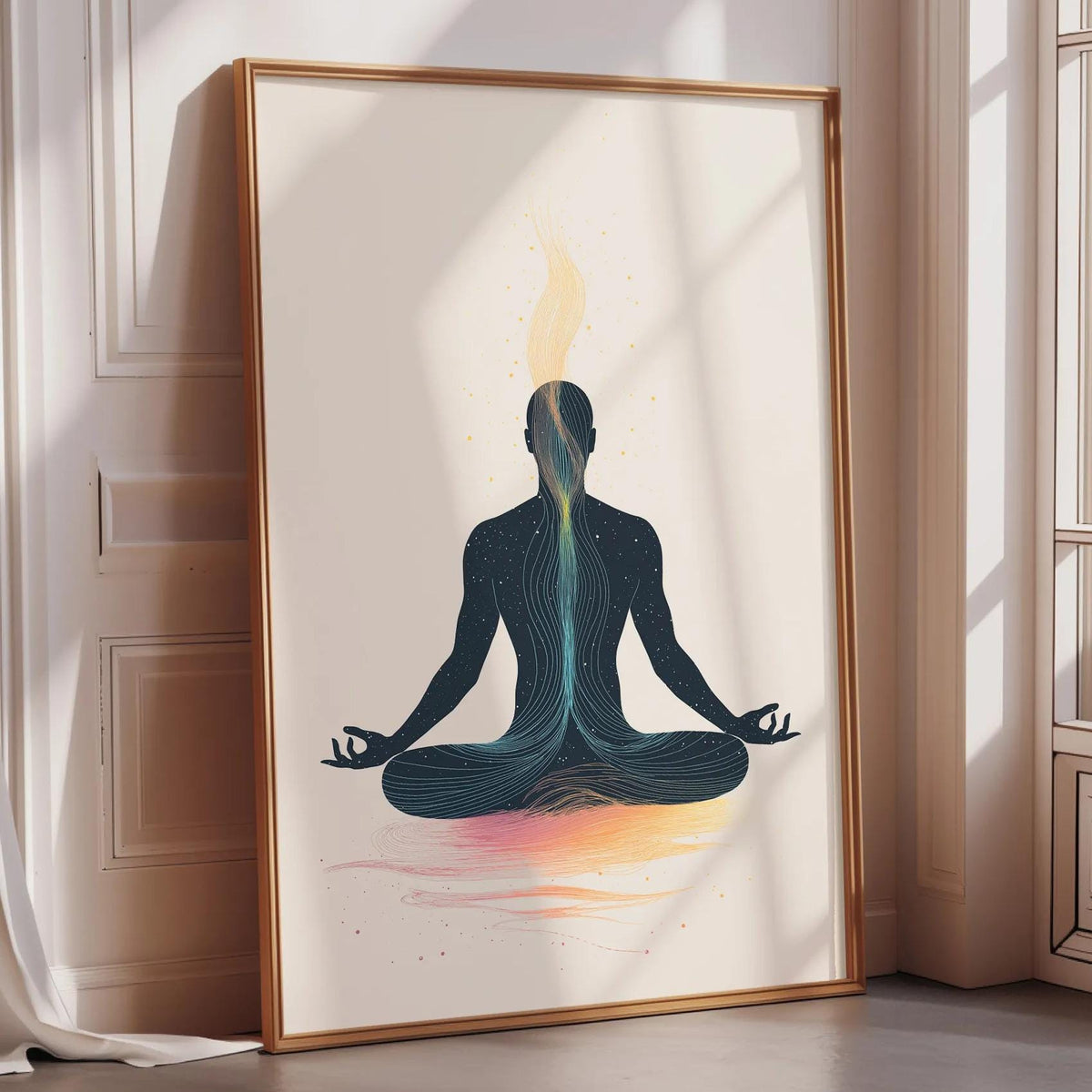 a large framed poster depicting a person in a meditative pose, with a colorful and abstract design surrounding them.