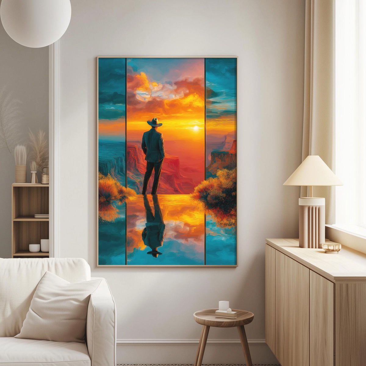 a large, colorful painting of a person standing in front of a breathtaking sunset landscape, with the sun setting behind mountains and a reflection in the water below.