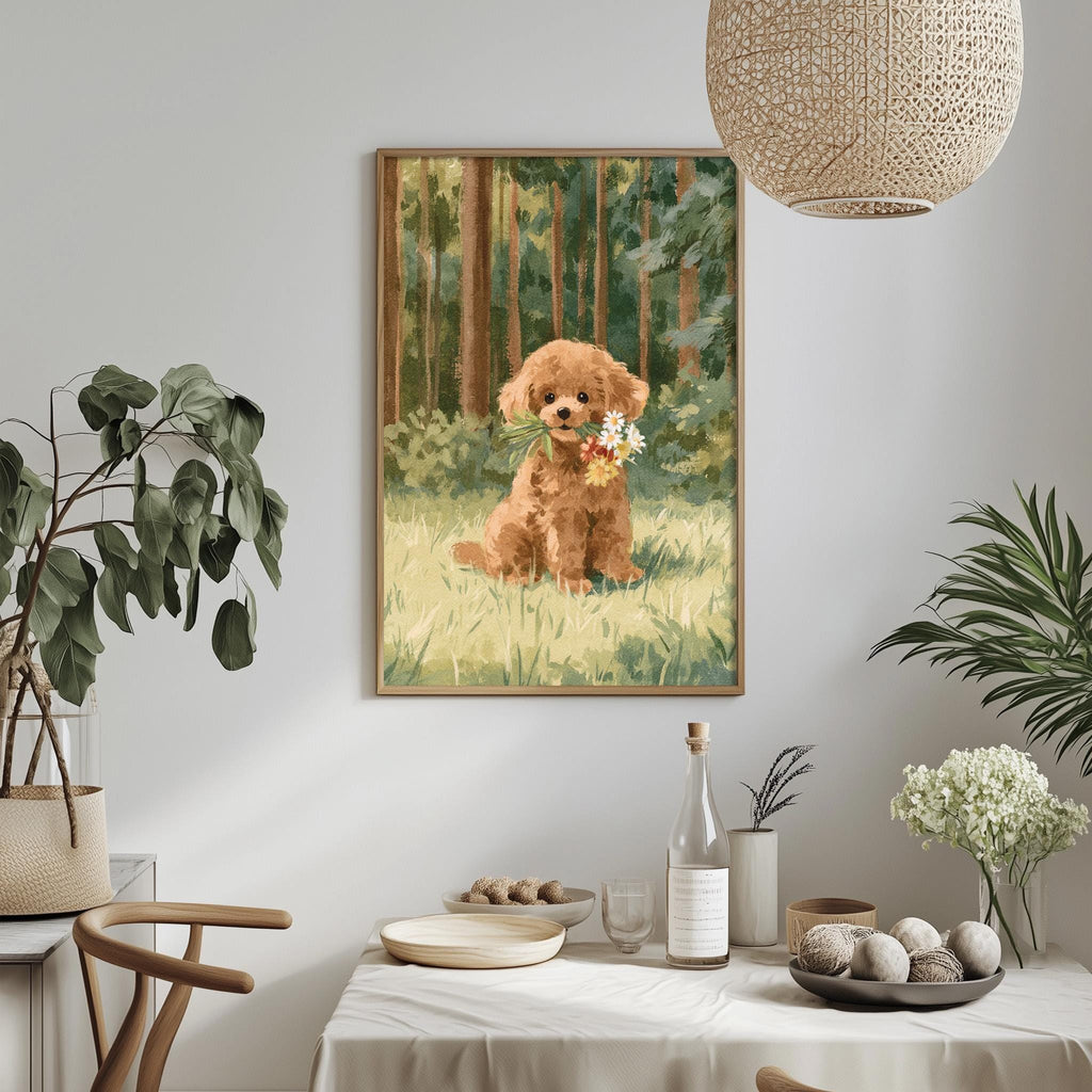 a painting of a brown dog sitting in a grassy field, surrounded by potted plants and a hanging light fixture.