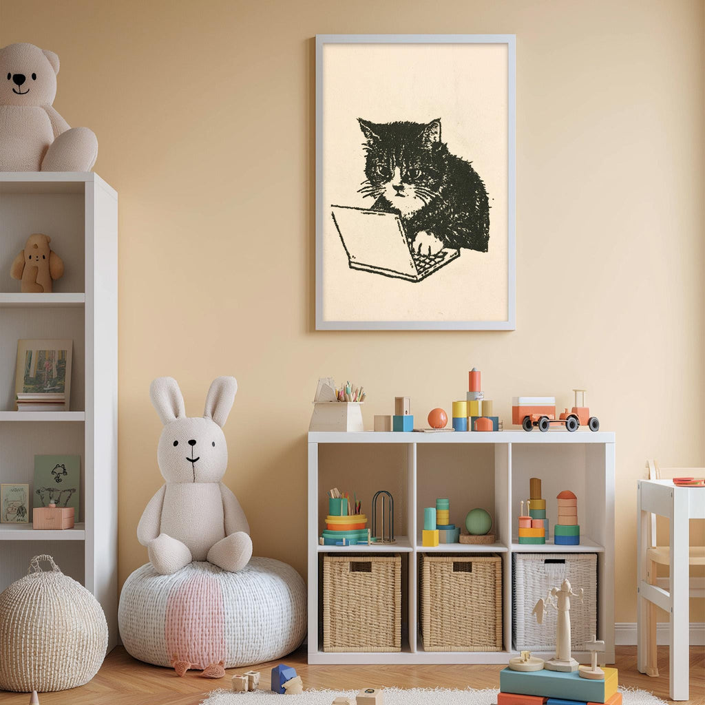 A child's bedroom with a white bookshelf, a stuffed rabbit, a framed illustration of a cat on a laptop, and a toy train set.