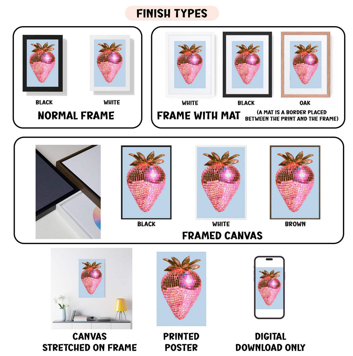 various finish types for a strawberry-themed artwork, including a normal frame, a frame with a mat, a black frame, a white frame, a black frame, a white framed canvas, a stretched canvas, a printed poster, and a digital download only.