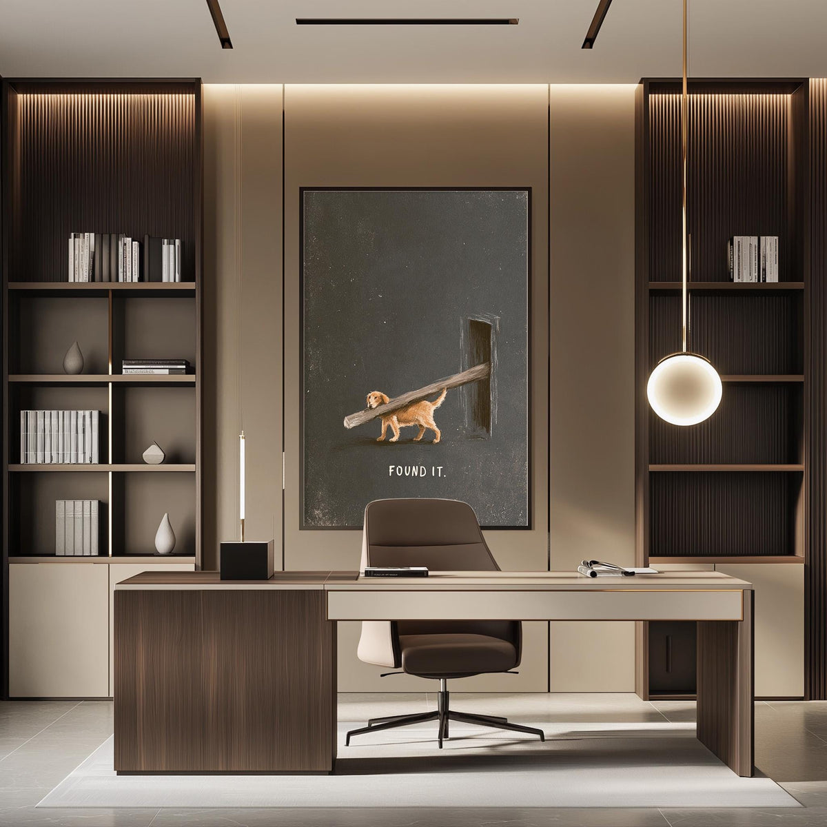 a modern office space with a large desk, a comfortable chair, and a large framed poster on the wall depicting a dog with a stick in its mouth.