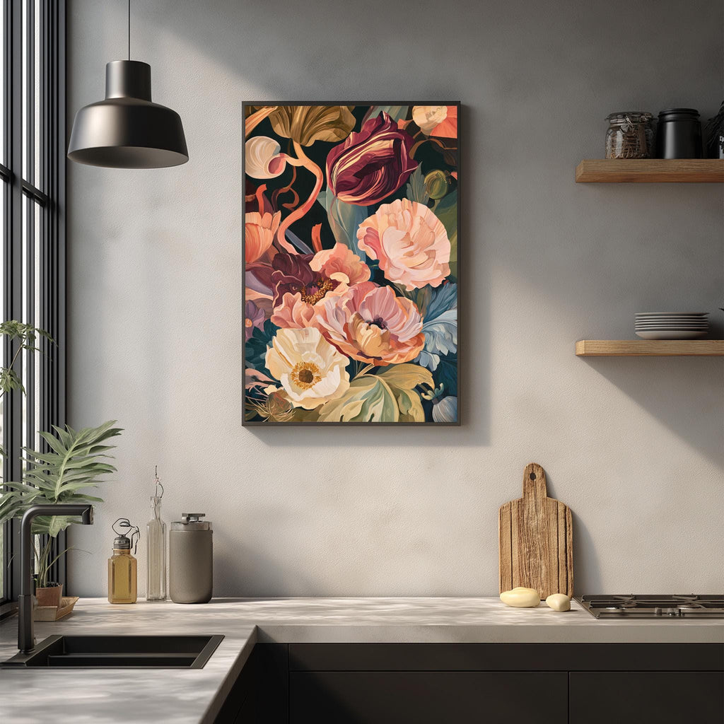 a kitchen counter with a wooden cutting board, a potted plant, and a framed painting of a colorful floral arrangement hanging on the wall above the counter.