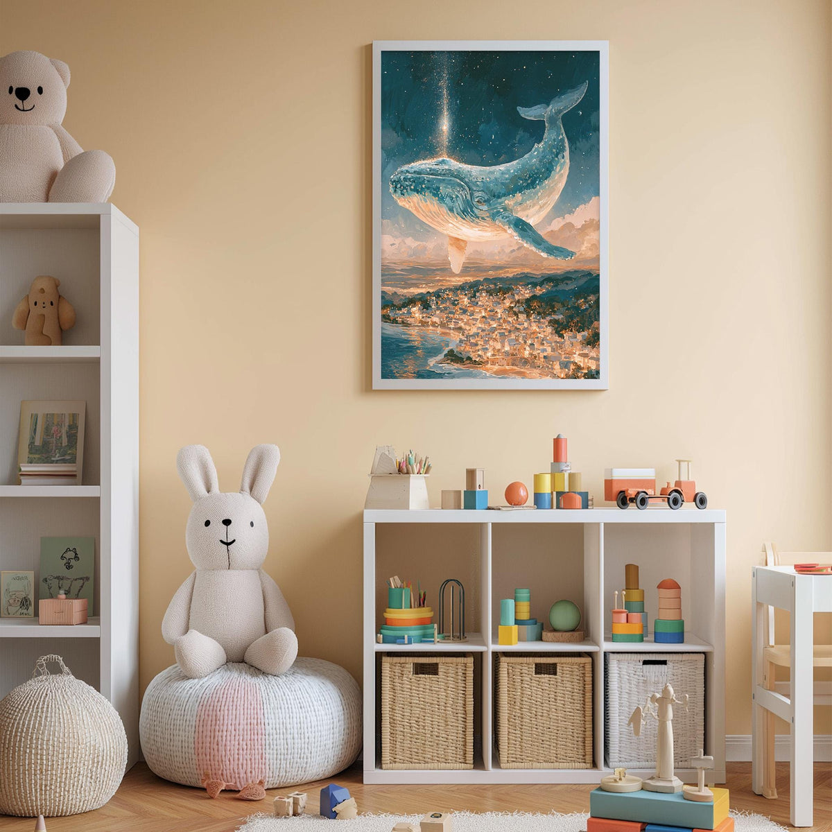 A child's bedroom with a large whale painting on the wall, a stuffed rabbit, a toy train, and a toy castle. The room also has a bookshelf, storage bins, and a play area with various toys.