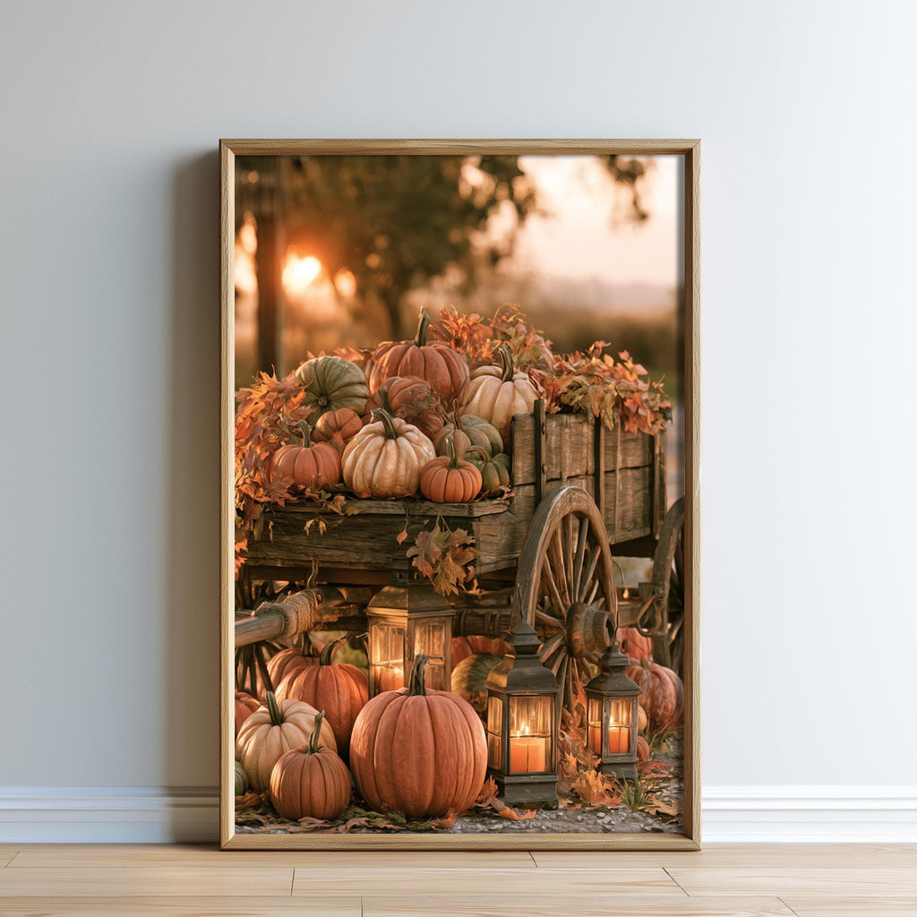A rustic wooden wagon filled with an assortment of pumpkins and lanterns, set against a backdrop of autumn foliage and a warm sunset.