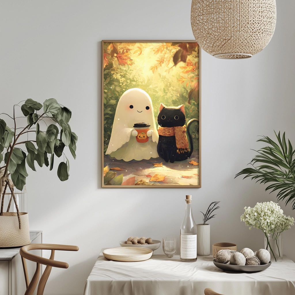a cozy and whimsical scene with a ghost, a cat, and various decorative elements such as plants, vases, and bowls.