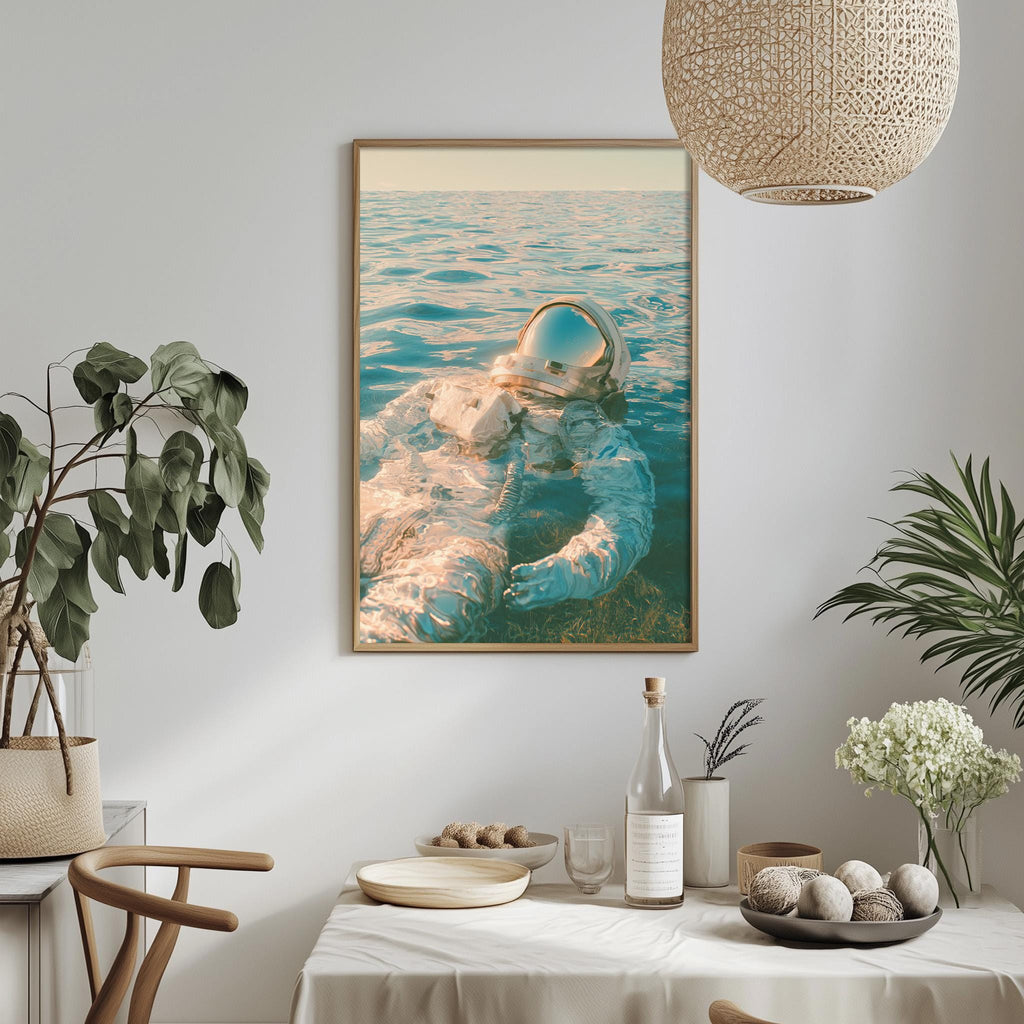 a framed photograph of an astronaut floating in water, with a serene ocean scene in the background. The photograph is hung on a wall above a dining table, which has various items on it, including a bottle, a bowl, and a vase. The table is set with a white tablecloth and surrounded by potted plants, creating a cozy and inviting atmosphere.