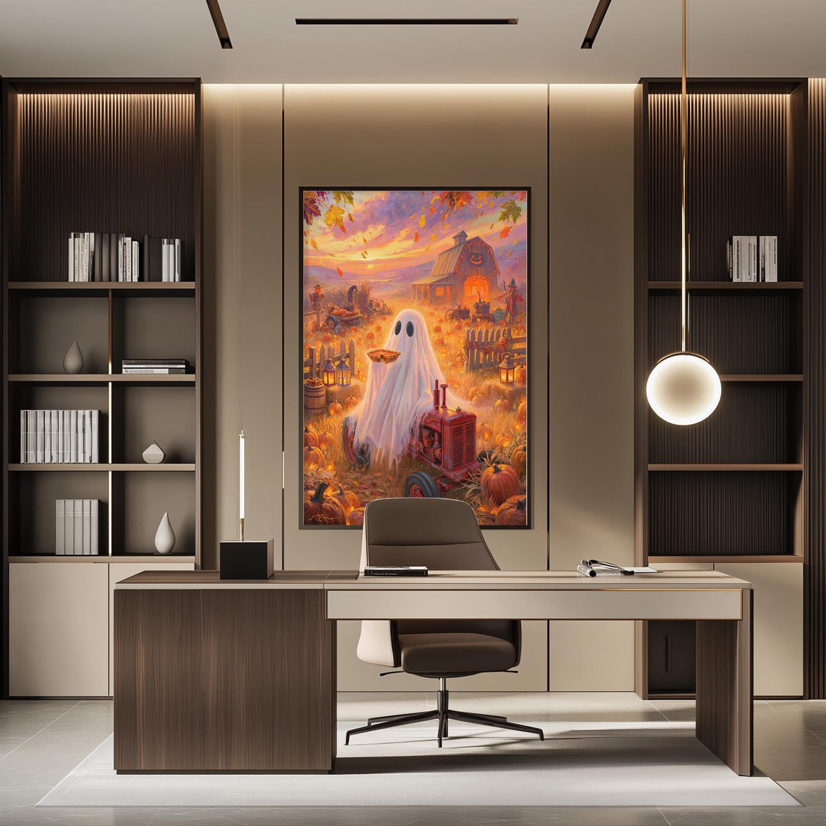 a modern office space with a large framed artwork depicting a ghost in a pumpkin patch, surrounded by autumn foliage. The office has a wooden desk, a chair, and a bookshelf filled with books. The overall design and decor create a cozy and creative atmosphere.