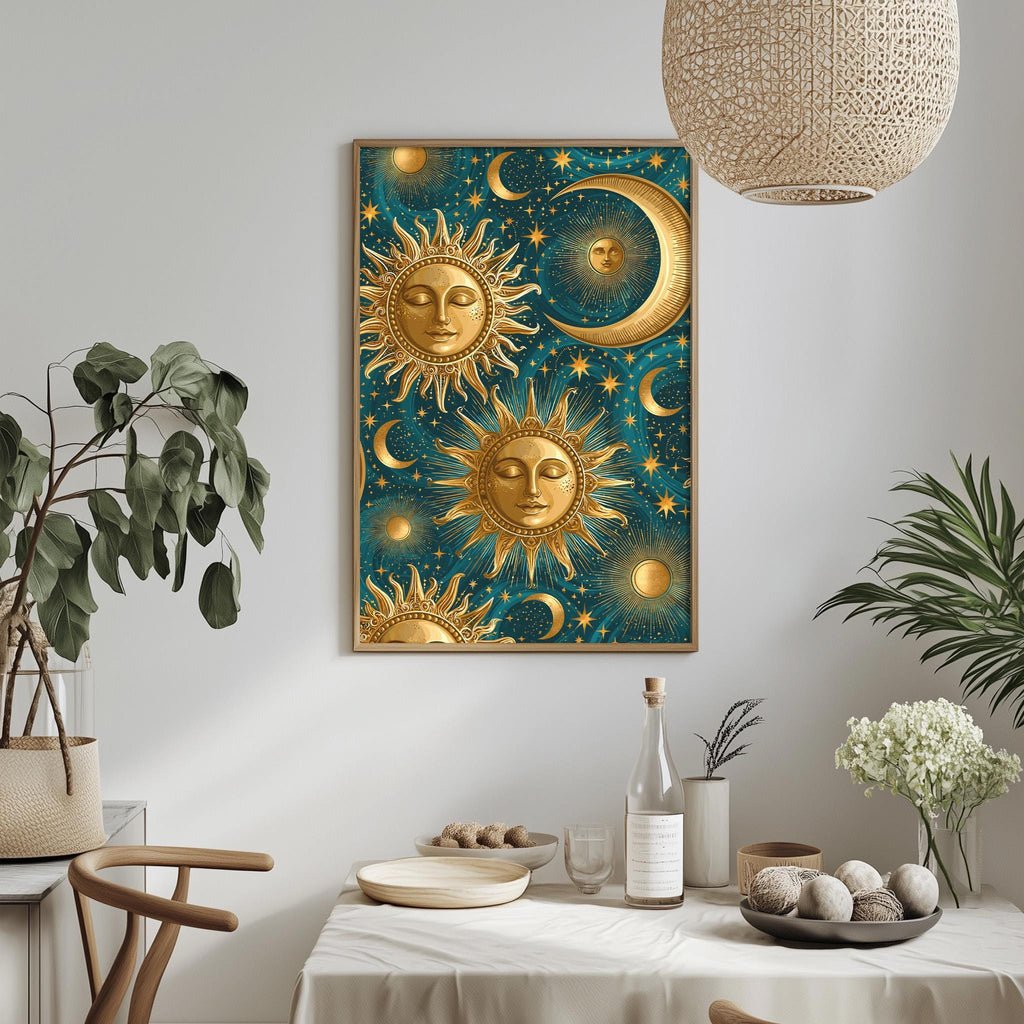 a wall art piece with a sun and moon design, surrounded by stars and plants, creating a serene and natural atmosphere.