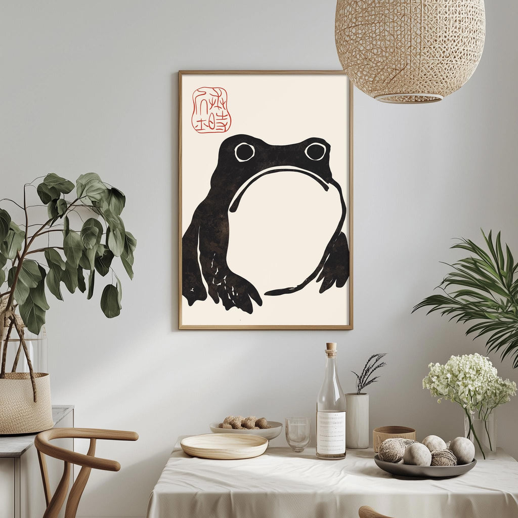 a framed artwork of a frog on a wall, with a dining table and chairs in the foreground.