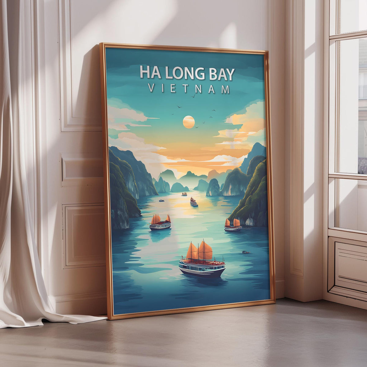 The image is a framed poster depicting a scenic view of Ha Long Bay in Vietnam, with boats sailing on the water and mountains in the background.