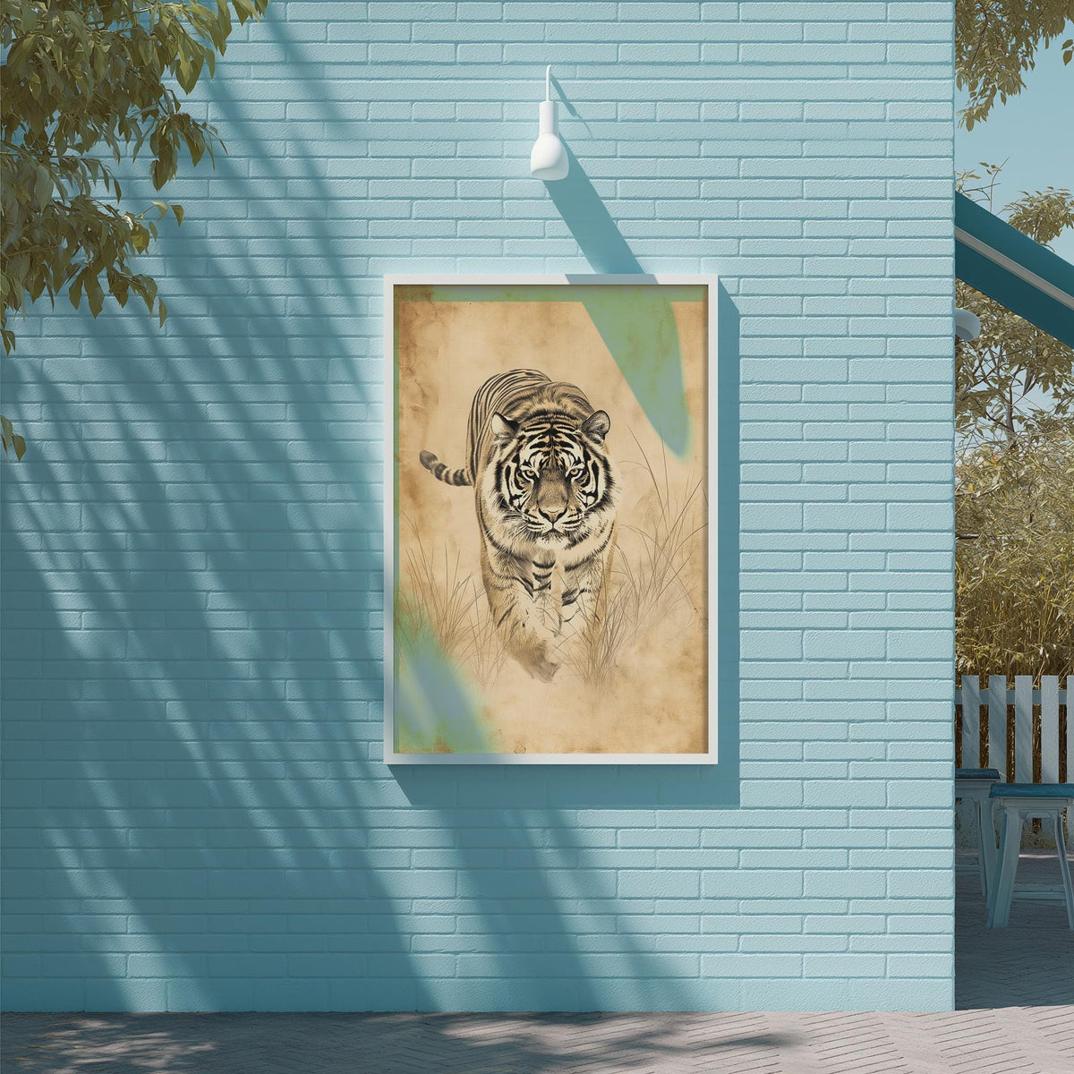 a framed painting of a tiger on a blue wall, with a tree and a white light fixture visible in the background.