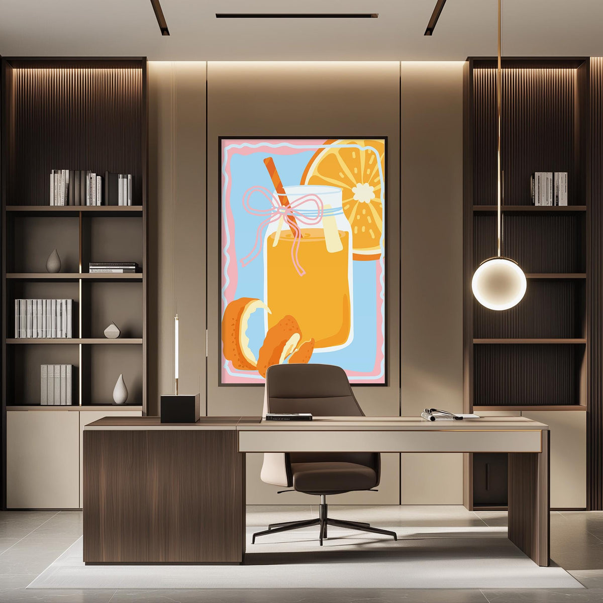 a modern office space with a large, colorful painting of a drink on the wall, a wooden desk with a chair, and built-in bookshelves.