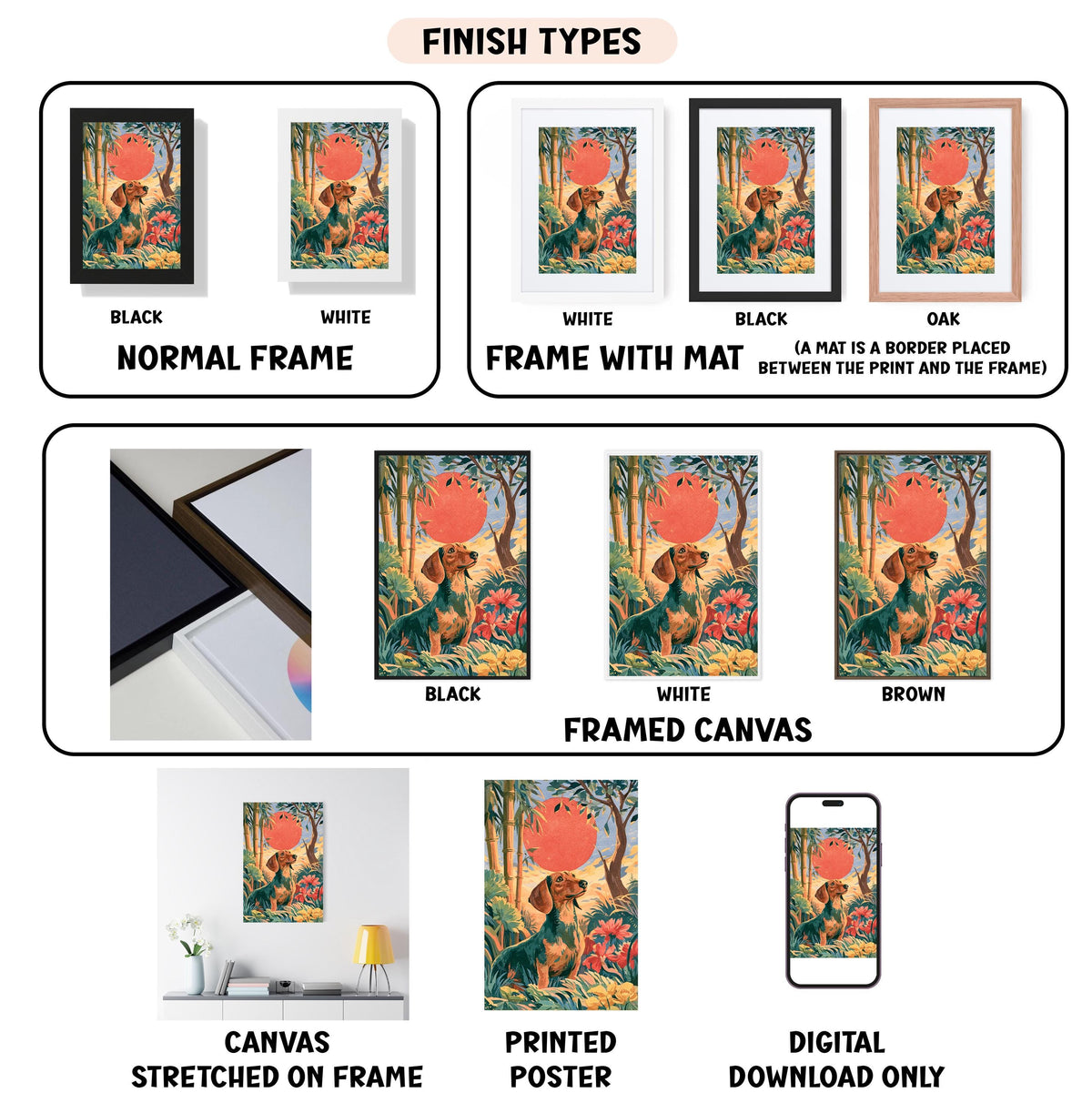 various finish types for a framed artwork, including a black and white, white, black, oak, and a framed canvas. It also displays images of the artwork in different frames, such as stretched on a frame, printed poster, and digital download only.