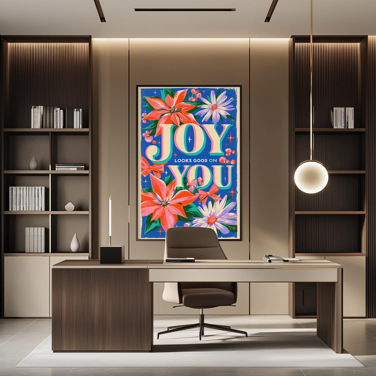 a modern office space with a large, colorful poster of flowers on the wall, a desk with a chair, and a bookshelf filled with books.