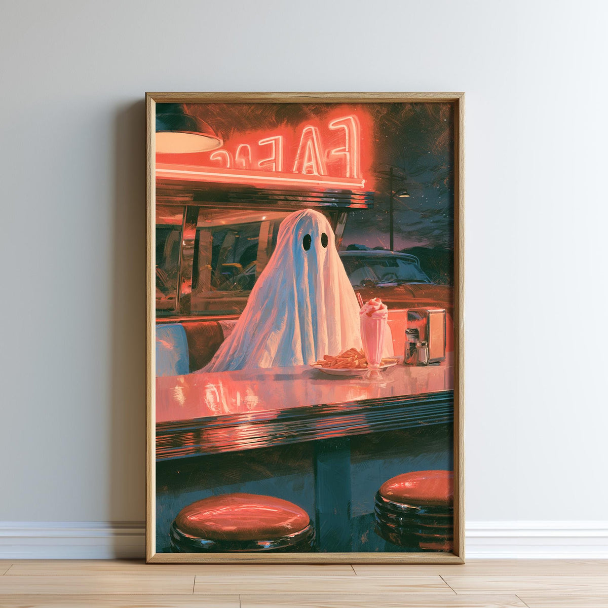 A framed painting depicting a ghost in a diner, with a neon sign reading "CAFE" in the background.