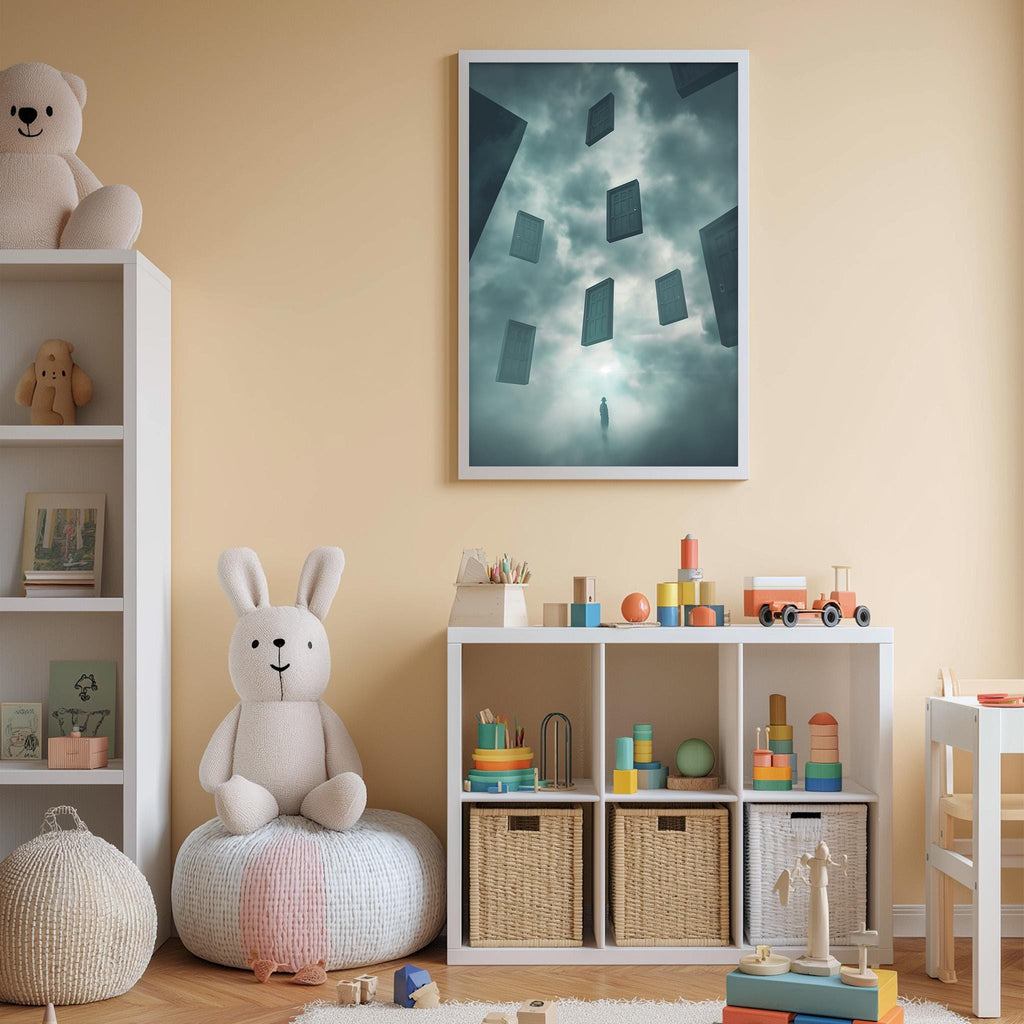 a cozy and colorful children's bedroom with a large stuffed rabbit, a bookshelf filled with toys, and a framed artwork on the wall.
