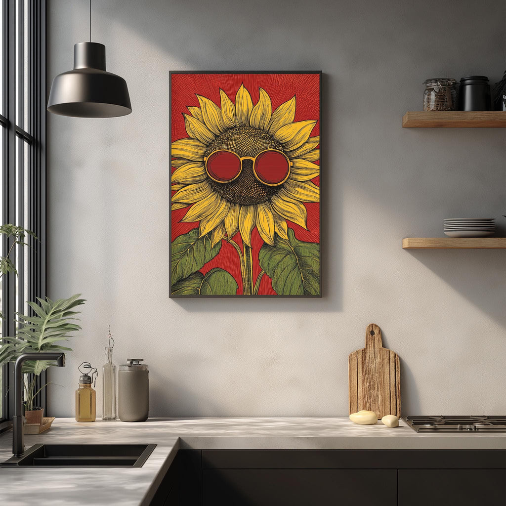 a kitchen counter with a framed illustration of a sunflower wearing sunglasses, hanging on the wall above it.