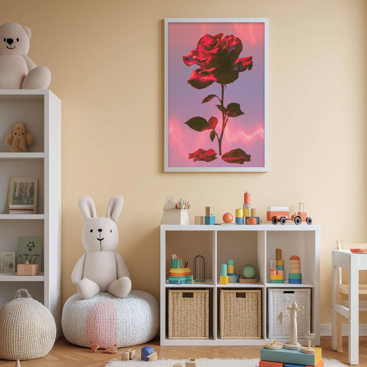 A cozy children's room with a large white stuffed rabbit sitting on a bean bag chair, surrounded by shelves filled with toys and storage bins. A framed image of a red rose hangs on the wall above the shelves.