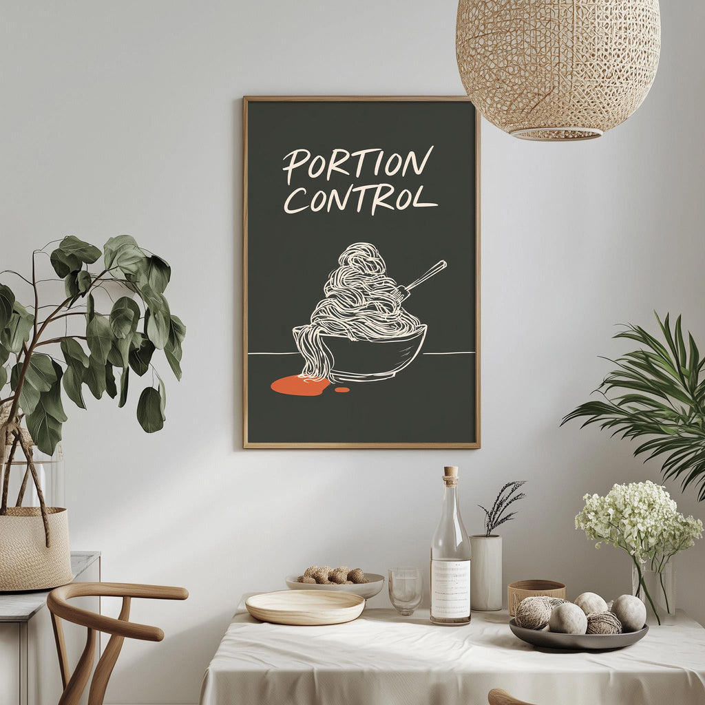 a dining table with a bowl of noodles, a bottle, and a vase of flowers, along with a potted plant and a hanging light fixture. Above the table, there is a framed poster with the text "PORTION CONTROL" and an illustration of a bowl of noodles.