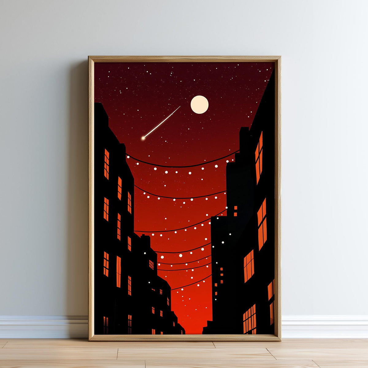 The image is a framed illustration depicting a cityscape at night, with tall buildings silhouetted against a starry sky and a full moon.