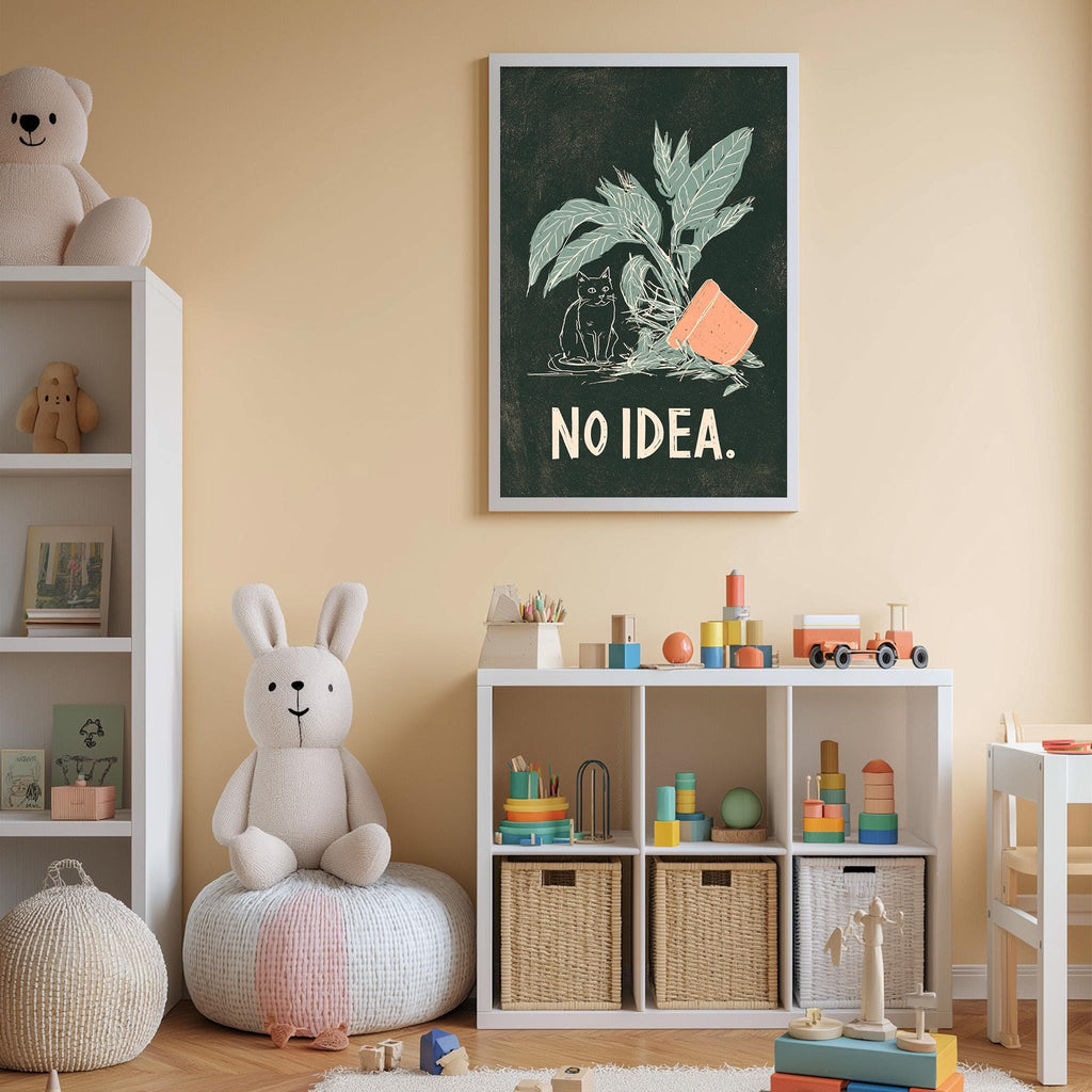 A child's bedroom with a white bookshelf, a stuffed rabbit, a toy train, and a framed poster with the text "NO IDEA."