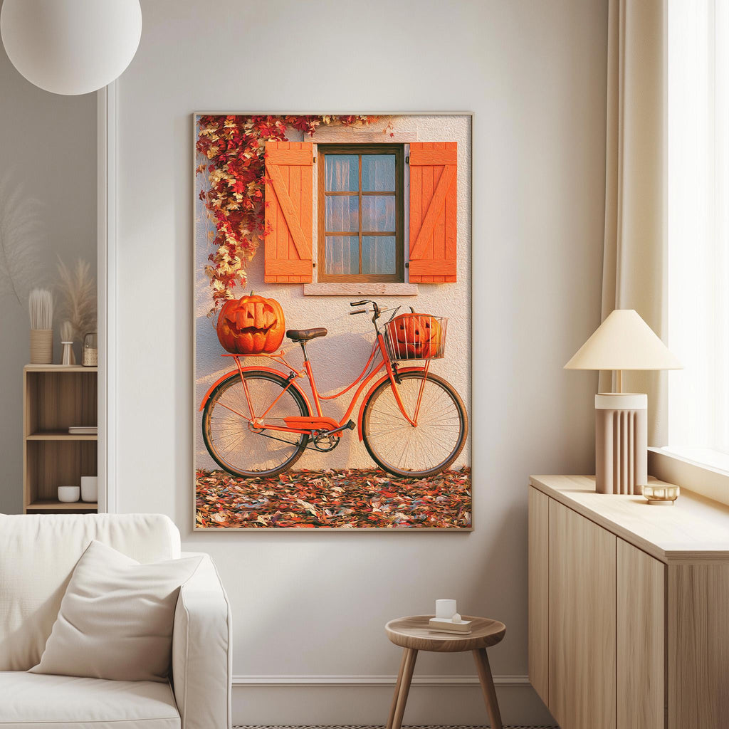 a cozy living room with a white sofa, a wooden side table, and a framed picture of a bicycle with a pumpkin on the back.