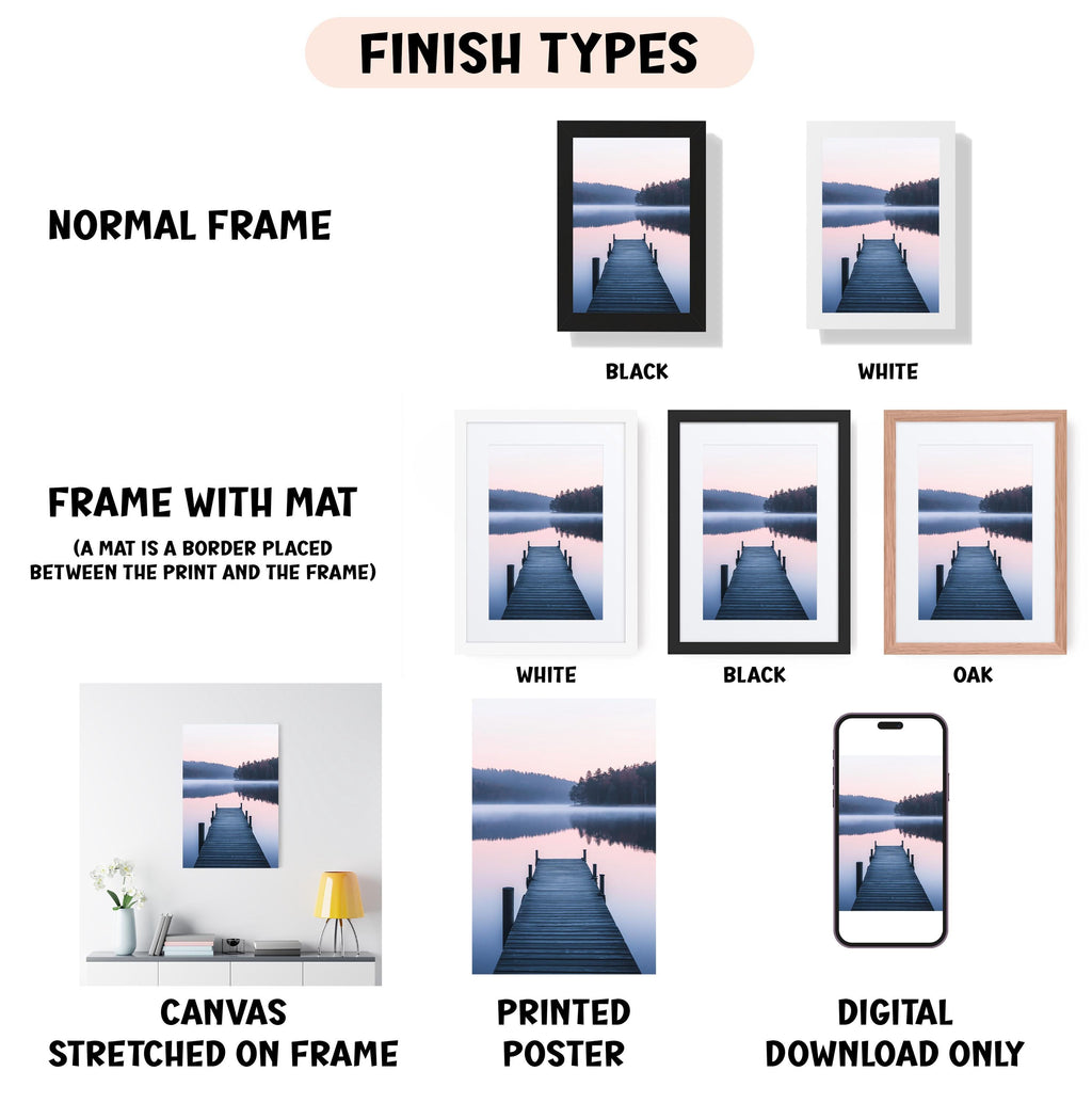 various finish types for artwork, including a normal frame, a frame with a mat, a white frame, a black frame, a black frame, an oak frame, a white frame, a black frame, a white frame, a printed poster, and a digital download only.