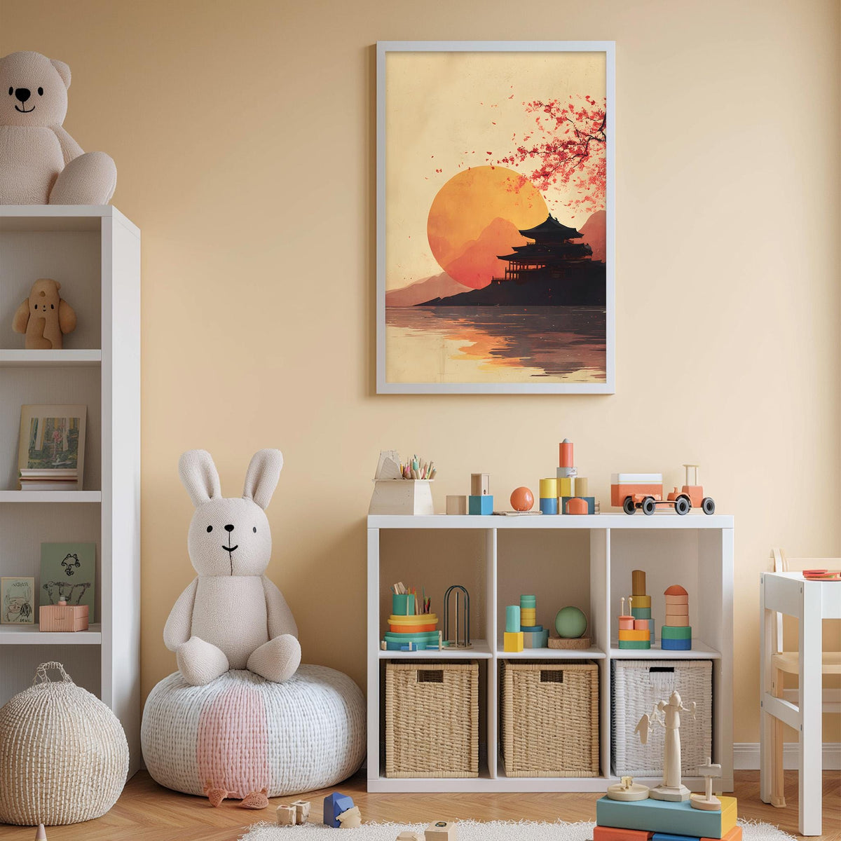 A child's bedroom with a large stuffed bunny, a bookshelf, and a storage unit filled with toys and other items. A framed picture of a sunset with a temple is displayed on the wall above the storage unit.