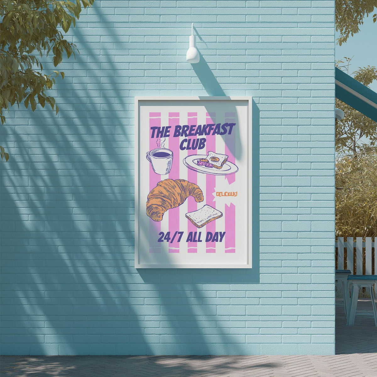 The image is a poster for "The Breakfast Club" with illustrations of breakfast items such as a croissant, coffee cup, and toast.