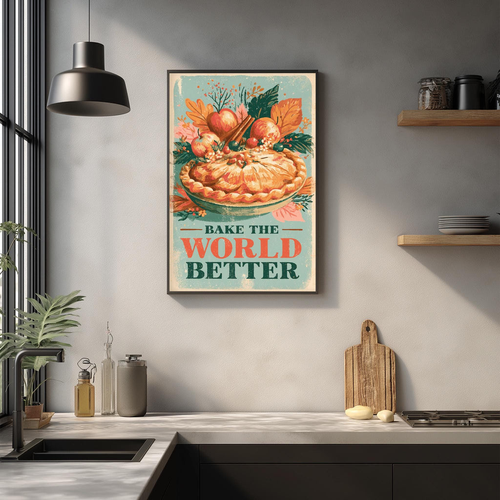 a kitchen counter with various kitchen items, including a cutting board, a sink, and a potted plant. Above the counter, there is a framed poster with the text "Bake the World Better" and an illustration of a pie.