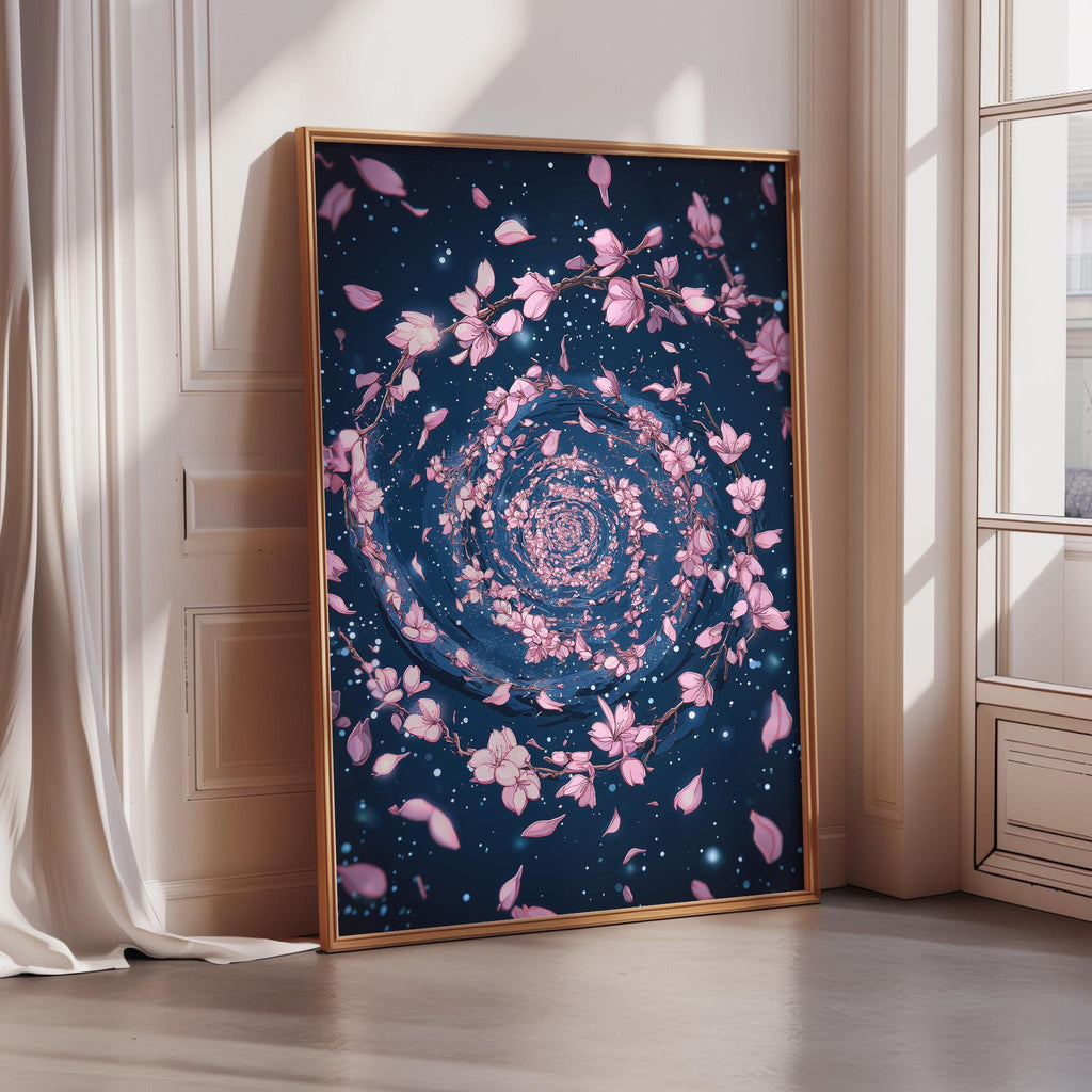 a large framed artwork depicting a spiral pattern of pink flowers against a dark blue background, with scattered petals and a sense of movement.