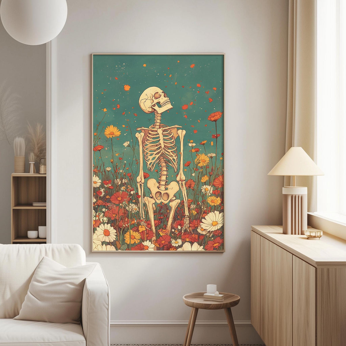 a large, colorful painting of a skeleton standing in a field of flowers.