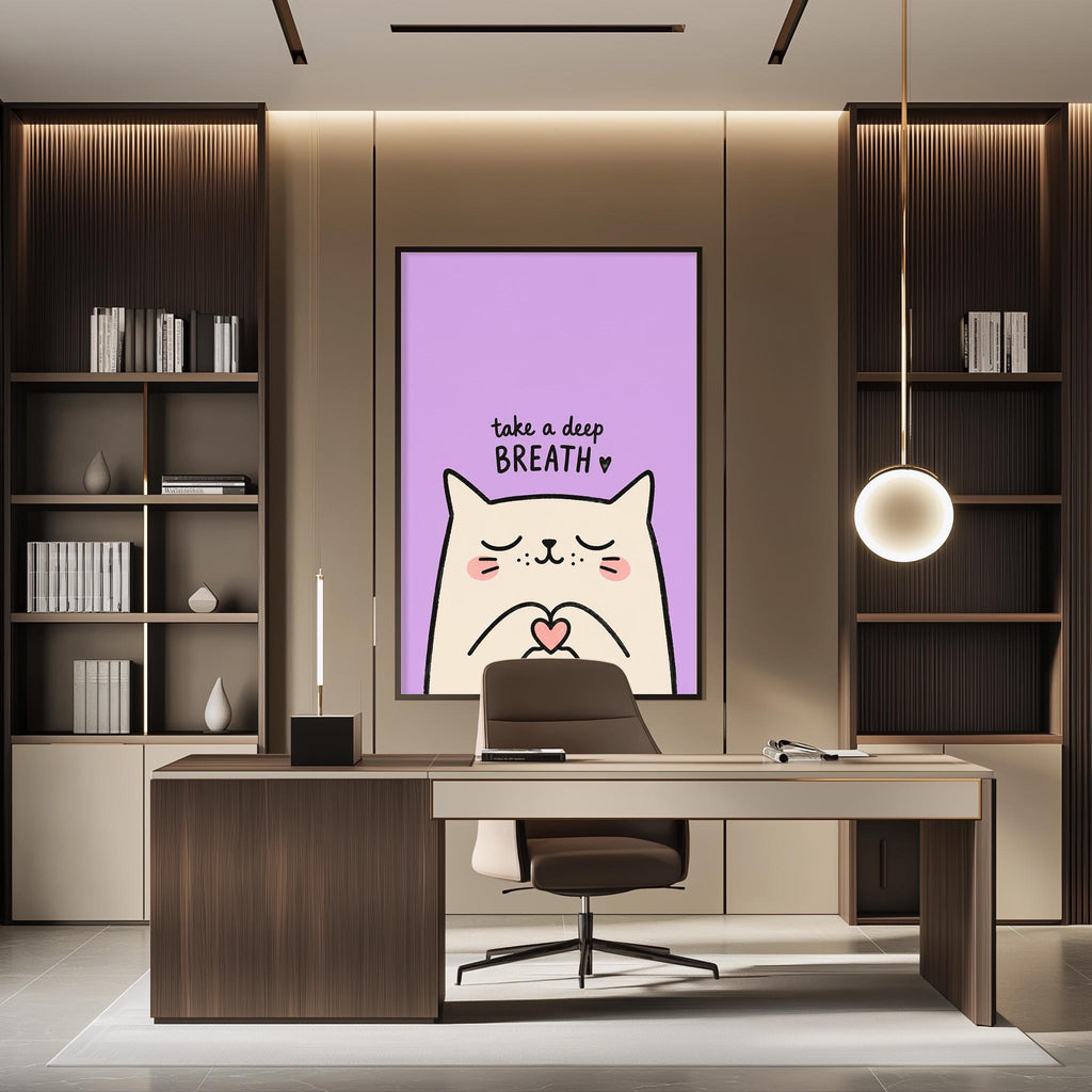 a modern office space with a large poster of a cat on the wall, a desk with a chair, and a bookshelf.