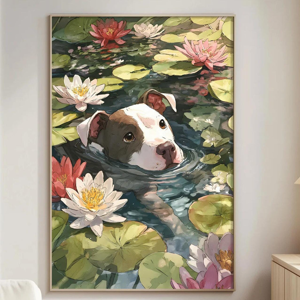 A living room with a large painting of a dog swimming in a pond filled with lily pads and pink flowers hanging on the wall.