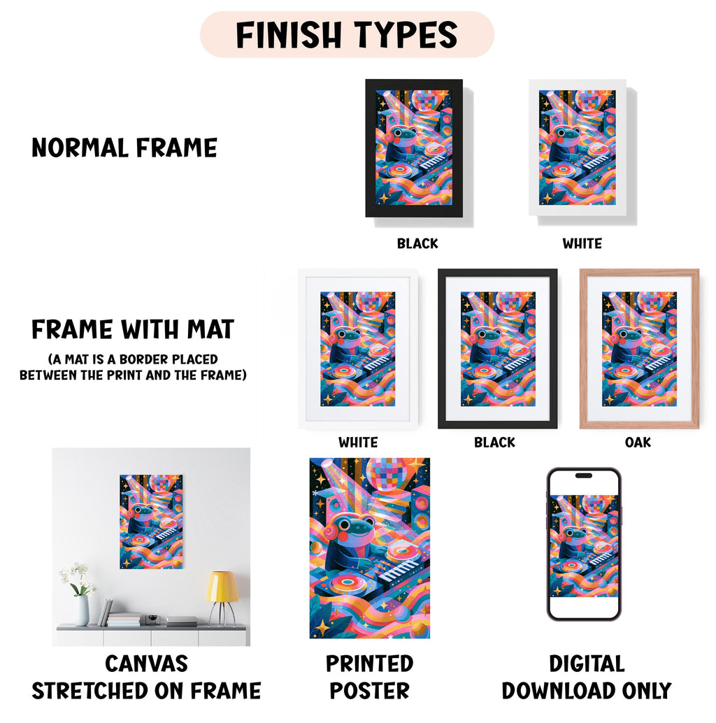 various types of artwork, including a canvas stretched on a frame, a framed poster, and a digital poster. The artwork is presented in different frame colors, such as black, white, and orange. The image also includes a description of the artwork, including the words "NORMAL FRAME", "FRAME WITH MAT (A MAT IS A BORDER PLACED BETWEEN THE PRINT AND THE FRAME)", and "DIGITAL DOWNLOAD ONLY".