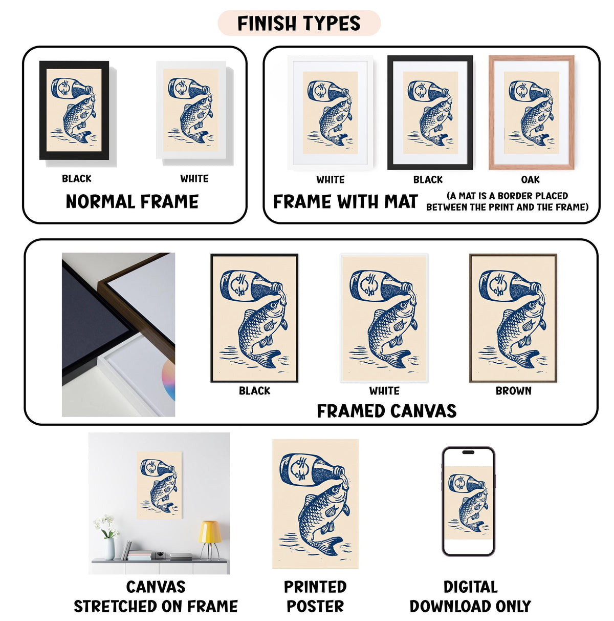 various types of artwork, including framed prints, canvas prints, and digital prints, each with different finishes and frame styles.