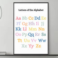 a poster of the alphabet hanging on a wall above a gray couch with a coffee table in front of it.