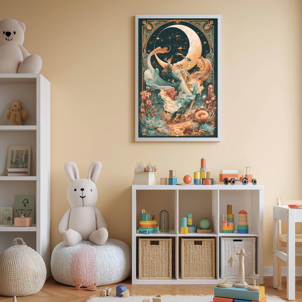 A cozy and colorful children's bedroom with a large stuffed bunny, a bookshelf, and a toy chest filled with toys. The walls are painted a light peach color, and a framed artwork depicting a whimsical scene hangs above the bookshelf.