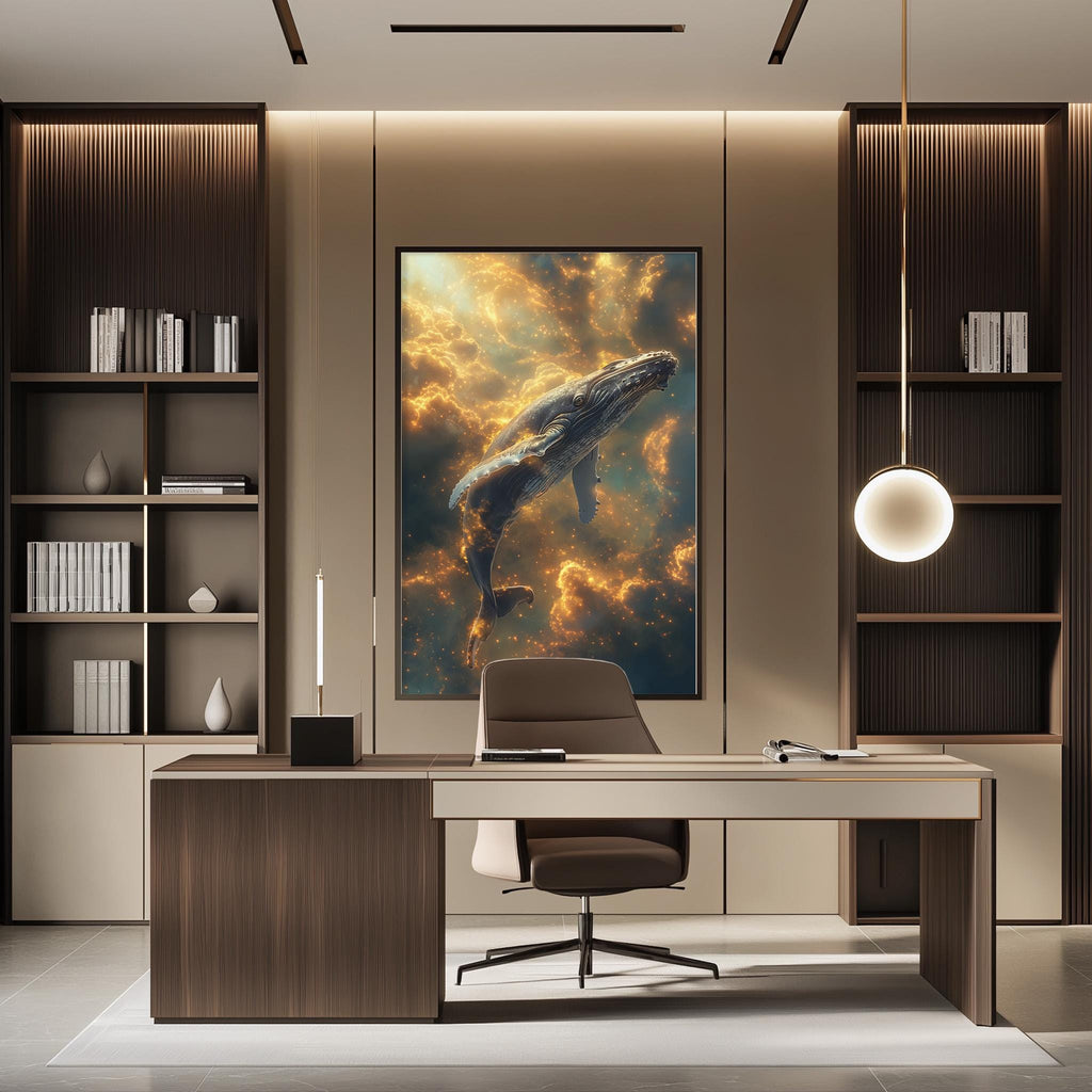 a modern office space with a large framed artwork of a whale swimming in the ocean on the wall, creating a serene and calming atmosphere.