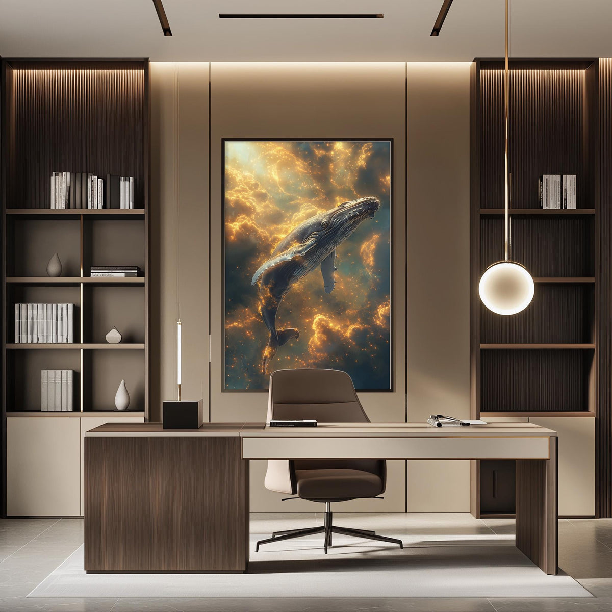 a modern office space with a large framed artwork of a whale swimming in the ocean on the wall, creating a serene and calming atmosphere.