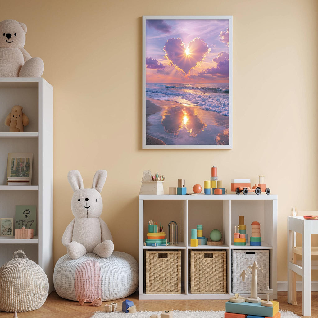 A cozy children's room with a large stuffed bunny, a bookshelf, and a toy chest. The room has a warm, inviting atmosphere with a framed picture of a beach scene hanging on the wall.